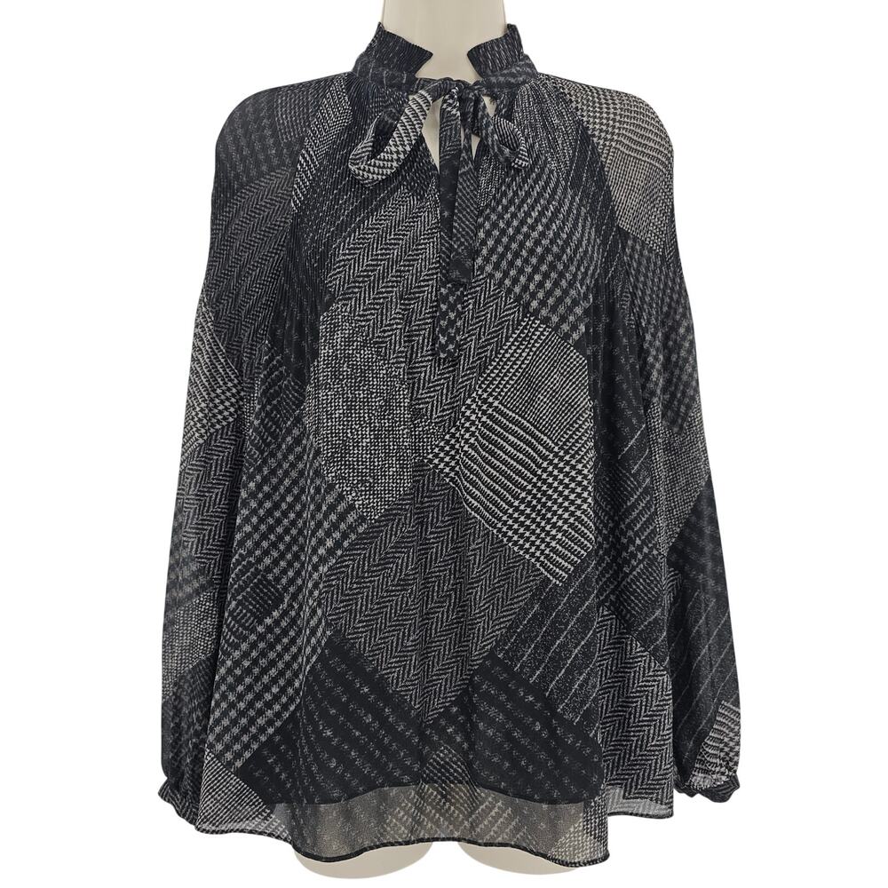 Lauren Ralph Lauren Womans size XS Necktie Georgette Blouse Top Black Gray